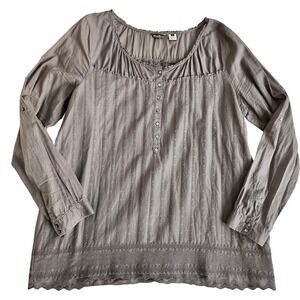 Eddie Bauer Brown Cotton Gauze Embroidered 1/2 Button Up Long Tunic Top Size L